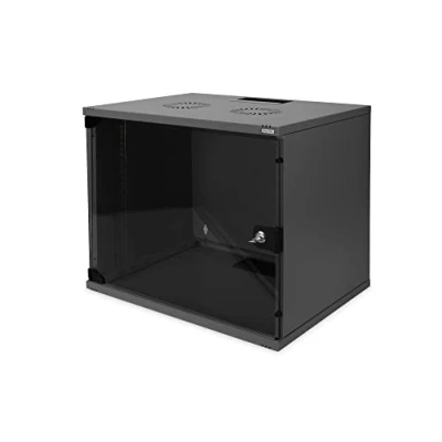 Bild av DIGITUS Nätverksskåp 19 tums rack 9 U Omonterat Väggmontering 400 mm djup Belastning 60 kg Glasdörr Svart