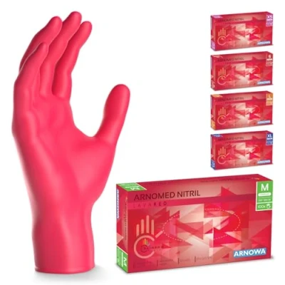 Bild av ARNOMED engångshandskar röda, nitrilhandskar M, med 100 st/box, puderfria, latexfria gummihandskar, finns i XS, S, L &amp; XL