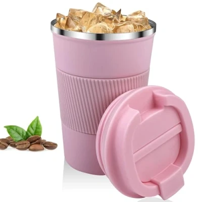 Bild av Relota Kaffemugg rosa, 380 ml, termosmugg kaffe, läckagesäker i 304 rostfritt stål, isolerad, bilmugg, återanvändbar kaffekopp, för vatten och te