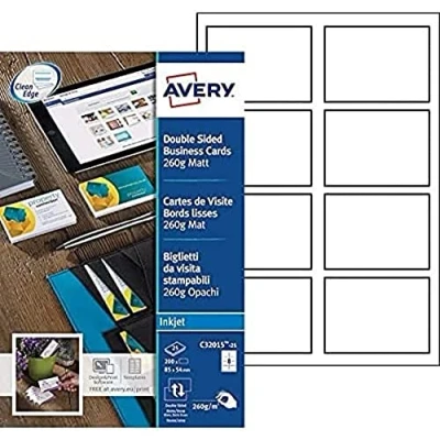 Bild av Avery Zweckform C32015 25 Premium visitkort, speciell bläckstrålebeläggning på båda sidor, matt finish, 85 x 54 mm/25 ark/200 artiklar