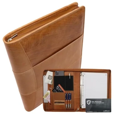 Bild av Safekeepers A4 lädermapp, konferensmapp, A4, läder, skrivmapp, dragkedja, dokumentmapp, ringbok (cognac, RFID blockerare)