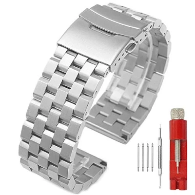Bild av Premium matt 5 rader dubbla lås rostfritt stål klockarmband rem, ersättnings metallband för män kvinnor 18 mm 20 22 24 26 mm, svart silverblå, SILVER, 18mm, armband