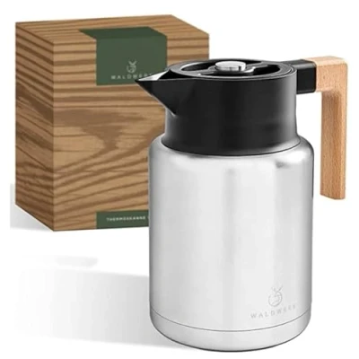 Bild av WALDWERK termos (1,4 l) dubbelväggig 304 rostfritt stål med fint trähandtag termoskanna droppfri pip kaffekanna