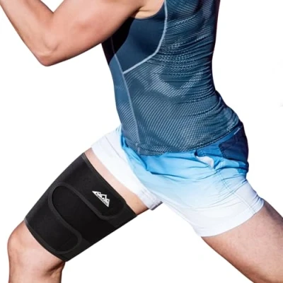 Bild av supregear Lårstöd, Justerbar Lårkompressionshylsa Neopren Hamstring Quad Wrap Andas Halkfri övre Benstag Ben Smalare för Kvinnor Män Dragna Ljumskemuskler, Quadriceps, Svart