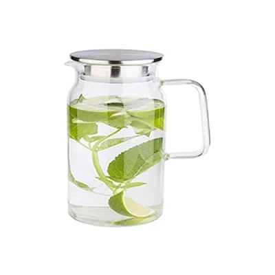 Bild av APS Glaskaraff för vatten och lemonad, glasbehållare (Ø x H): 10 26 cm med lock i rostfritt stål dubbel funktion, pip integrerad sil, 1,5 liter
