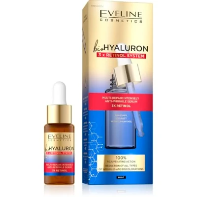 Bild av EVELINE COSMETICS Biohyaluron 3x Retinol System Multi Repairing Face Serum Anti Aging Riduce le rughe Formula vegana 97% Composizione naturale per la notte 18 ml