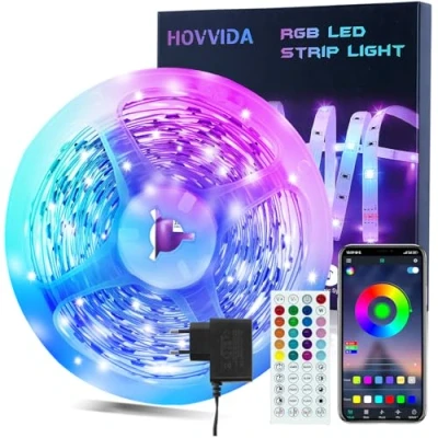 Bild av HOVVIDA LED remsa 10 m, 1 rulle, 30 lysdioder/meter, RGB remsor, 300 LED, app och fjärrkontroll, musikläge, timing läge, för rum, vardagsrum, kök, sovrum, bar, fest