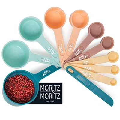 Bild av Moritz &amp; 11 st mätskedar set. stapelbar graderade koppar och skedar från 1,25 till 240 ml 4 färger 10 mått spridningsspadel för matlagning bakning
