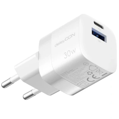 Bild av deleyCON Laddare USB A och C (2 Portar Kompakt 30 W Snabbladdare) GaN Strömadapter för iPhone 16/15/14/13/12/11 iPad Galaxy S24/S23 Pixel PD 3.0 Mobiltelefoner Vit