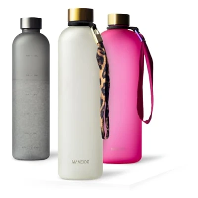 Bild av MAMEIDO dricksflaska 1l kolsyra lämplig, läckagesäker med tidsmarkör som drickspåminnelse, vattenflaska BPA fri för sport (Ivory Beige, 1000ml)