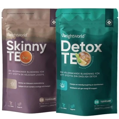 Bild av Detox Tea och Skinny Tea, 56 dospåsar morgon kväll, 28 dagars veganprogram, med grönt te, oolongte, vitt moringa, maskros, ingefära, bovete, citrongräs, mynta, nässla, blåbär