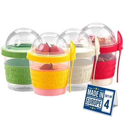 Bild av CRYSTALIA Yoghurtkoppar ToGo set 4, 100% BPA FRIA Yoghurtparfait Koppar med Lock, Frukost på Språng Plastskålar Toppad Havregryn eller Fruktbehållare Sked, Bärbar Behållare för Yoghurt Flingor