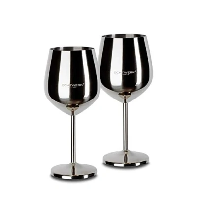Bild av ECHTWERK Okrossbara vinglas/vinbägare av rostfritt stål, vinglas set, rödvinslas, vinprovglas, campingglas, cocktailglas, robust, okrossbar, silverutgåva, 2 st., 21 x 7,3 cm, 0,5 l