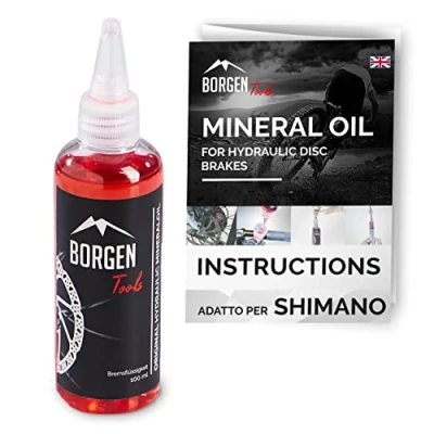 Bild av Borgen mineralolja lämplig för Shimano hydrauliska skivbromsar 100 ml bromsvätska flera avluftningsprocesser kompatibel med avluftningskit cykelbromsar röd