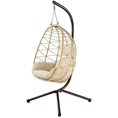 Bild av Bakaji Trädgårdshängande fåtölj gungstol hängmatta utomhus väggskåp metallram rotting rep + vadderad sittkudde och nackstöd modern design 198 x 110 95 cm (beige)