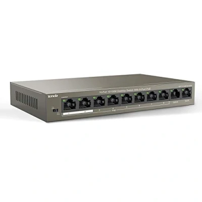 Bild av Tenda 10 portar snabb Ethernet PoE omkopplare med 8 och 2 upplänksportar (QoS, VLAN, 58 W, IEEE 802.3af/at, 250 m överföringsräckvidd, skrivbords väggmontering) (TEF1110P 63W)