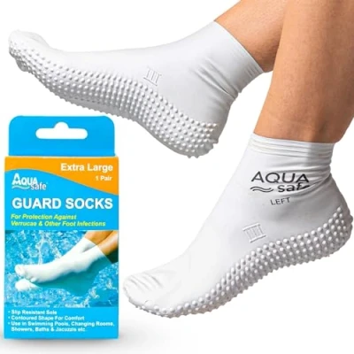 Bild av Aquasafe Guardsocks vattentäta Verruca strumpor som simmar 100% latex badstrumpor halkfria barnstrandskor för hygien och poolsäkerhet skyddande badstrumpor, Vitt, XL