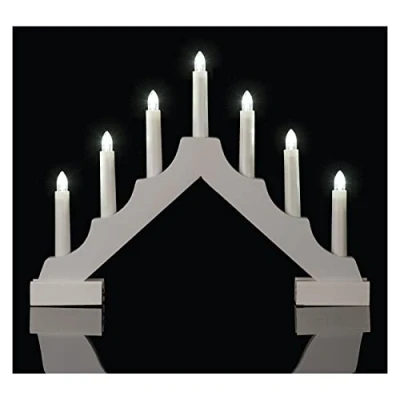 Bild av EMOS Trä LED ljusstake i vitt, klassisk ljushållare med 7 lampor, batteridriven 2 x AA, inomhus IP20, 6/18 h timerfunktion, 35 29 cm
