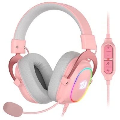 Bild av Redragon H510 Zeus X RGB rosa trådbundet spelheadset 7.1 surroundljud 53 mm ljuddrivrutiner i minnesskum öronkuddar med hållbart tygskydd flera plattformar hörlurar USB driven för PC/PS4/NS