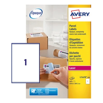 Bild av Avery L7167B självhäftande paketetiketter, laserskrivare, 1 etikett per A4 ark, 100 etiketter, blockout