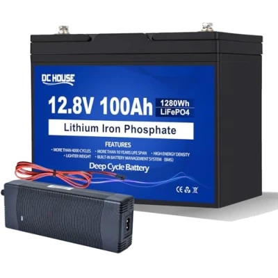Bild av DCHOUSE 12 V 100 Ah LiFePO4 batteri med 10 A laddare, BMS uppgraderat 100A, upp till 15 000 cykler, 1280 Wh litiumbatteri, perfekt för husbil, solsystem, husvagn, båt, camping, off grid