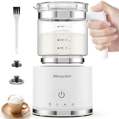 Bild av Morpilot Elektrisk mjölkskummare, 130500 ml 600 W, 4 i 1 mjölkskummare för varm och kall, diskmaskinssäker, visuellt glas, lattedesign, svart