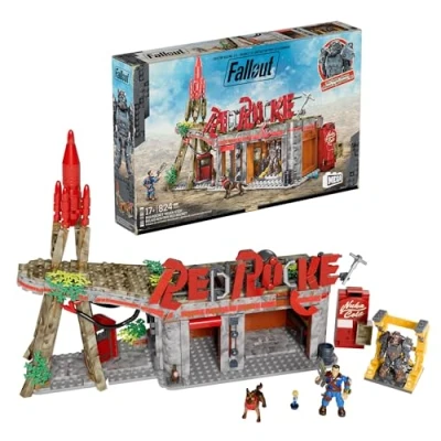 Bild av MEGA Fallout byggleksaker med actionfigurer, Red Rocket bensinmack 824 delar, 2 ställbara figurer och tillbehör, för samlare, HXT00