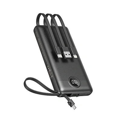 Bild av VEEKTOMX 10000mAh Power Bank med Inbyggd kabel, Powerbank USB C 2,4A snabbladdning Bärbar laddare 5 utgångar och LED display Externt batteri för iPhone 15/14/iPad/Galaxy S22/Xiaomi/Google/OnePlus