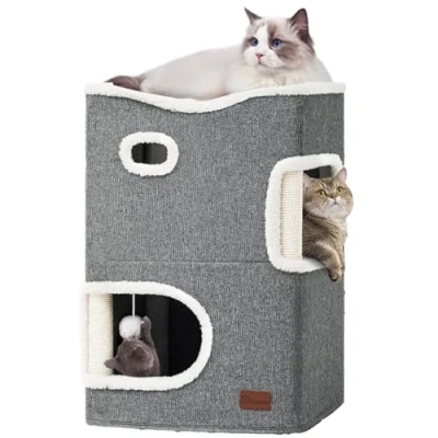 Bild av YITAHOME Kattgrotta, kattsängar för inomhuskatter, multifunktionellt katthus med kattklösstolpe och boll, kattsäng, grundläggande katträd, sött katttorn, kattmöbler, kattgömsskydd, kattlägenhet (grå)