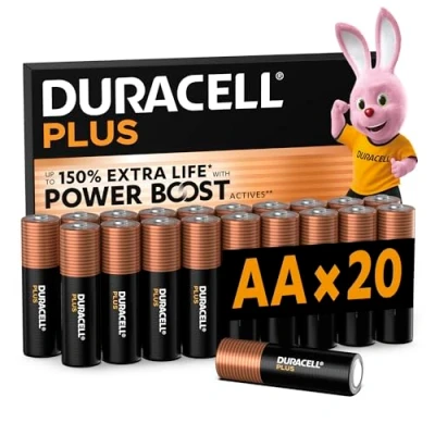 Bild av Duracell Plus AA batterier (20 pack) Alkaliska 1,5 V Upp till 100 % extra brukstid Tillförlitlighet för vardagliga enheter Plastfri förpackning 10 års förvaring LR6 MN1500