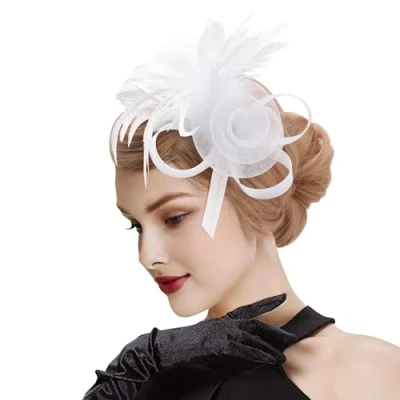 Bild av DRESHOW Fascinatorhatt Meshblomma Fjäderfascinator med Klämma och Huvudband Cocktail Tea Party Huvudbonader för Flickor Kvinnor