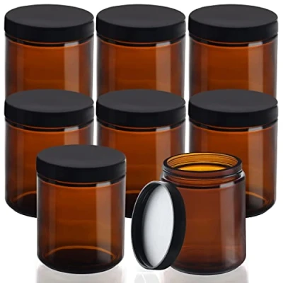 Bild av Belle Vous Runda Amber Glasburkar (8 Pack) 240 ml Tomma Påfyllningsbara Behållare med Svarta Skruvkorkar Burk för Kosmetika, Kräm, Ansiktskräm, Oljor, Salva och Smink