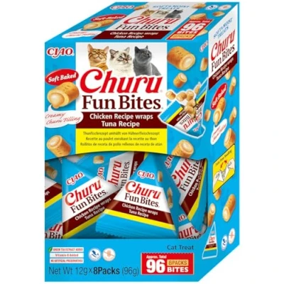 Bild av INABA Churu Fun Bites kattsnacks, kycklingbitar med tonfiskhjärta 8 paket x 12 g mjuk och krämig kattmat utan konserveringsmedel eller konstgjorda färgämnen, Grain Free