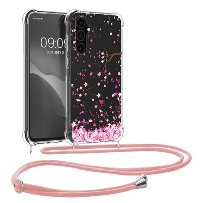 Bild av kwmobile Necklace Case kompatibelt med Samsung Galaxy S24 fodral silikonskydd mobiltelefonkedja rosa, mörkbrun, transparent, körsbärsblomblad
