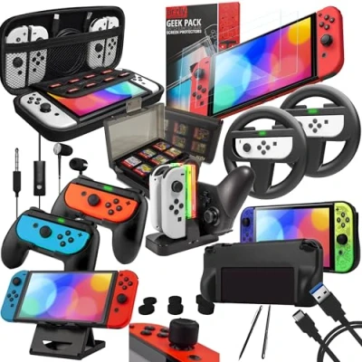 Bild av Orzly Accessories Bundle Kompatibel med Nintendo Switch Geek Pack: Case &amp; Screen Protector, Joycon Grips Racing Wheels, Controller Charge Dock, Comfort Grip More JetBlack