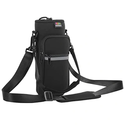 Bild av Nuovoware Neopren flaskväska, 25oz/710 ml flaskhållare med justerbar axelrem/rem, tote väska 2 fickor, perfekt tillbehör för resor vandring camping svart