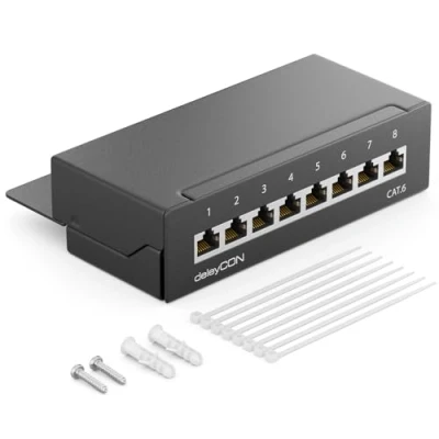 Bild av deleyCON CAT 6 Patch Panel Distributionspanel 8 Port Skrivbord och Väggfäste Skärmad 8x RJ45 Hona TIA568A TIA568B Svart