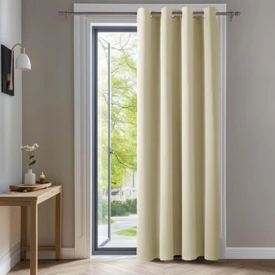 Bild av Deconovo Kylbeständiga värmeisolerade mörkläggningsgardiner, 140 x 180 cm (bredd höjd), gardiner för vardagsrum och sovrum, modern design med öljetter, mörkbeige, 1 st