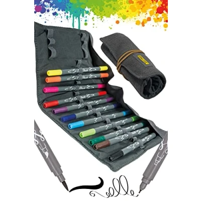 Bild av ONLINE Calli.Brush Double Tip Pen pennor i 11 färger penselpenna set med borste och kalligrafispets Giftfri, vattenlöslig mångsidig Penselpennor pennrulle