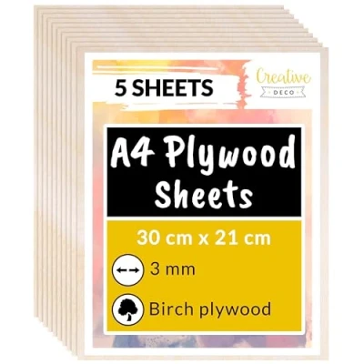 Bild av Creative Deco 5 x A4 Plywoodskivor 300 210 3 mm (+/ 2mm) Baltisk Björkträskikt Perfekt för Pyrografi, Laserskärning, CNC router, Modellering, Bandverk, Rullsåg