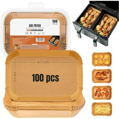 Bild av Friteringsmaskin, pergamentpappersfoder, 100 st foder, engångs , fritöskorgfoder, bakplåtspapper, luftfritös airfryer liners för bakning rostning, mikrovågsugn (14 cm rektangel)
