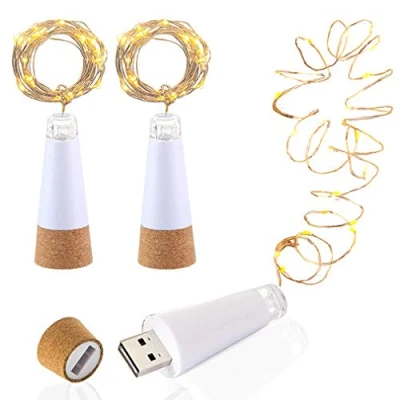 Bild av LED flaska korklampor, USB driven uppladdningsbar, 1,9 m (6,2 fot) koppartråd med 20 stjärnljusslingor, för gör det själv dekor, utomhus, BBQ, samlingsfest, bröllop, semester (3 st, varm vit)