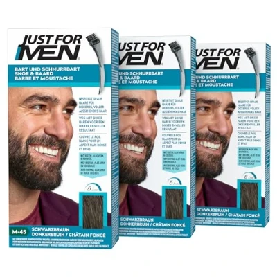 Bild av Just For Men mustasch &amp; skäggfärg mörkbrun, skäggfärg, nyans, eliminerar grått hår för ett fullare utseende, med applikatorborste M45 3 pack (3 x 28,4 g)