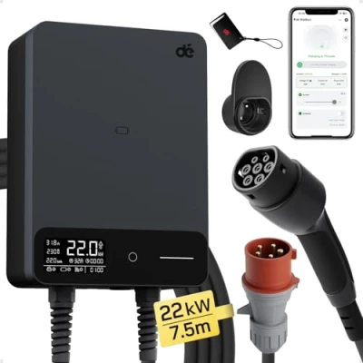 Bild av dé Elbil Laddare 22kW [6 32A, 3 fas] EV med 12m Typ 2 kabel, RFID, RCD B skydd och IP54, Wallbox Kompatibel Model Y/3, ID.3/4/5, MG4, EX30, andra BEV/PHEV