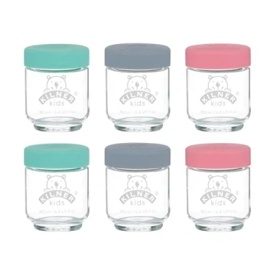 Bild av Kilner Babyglas set 190 ml/6 babygrötbehållare/förvaring, frysning och servering av hemlagad barnmat, fri från skadliga ämnen mjukningsmedel, silikonlock i 3 färger