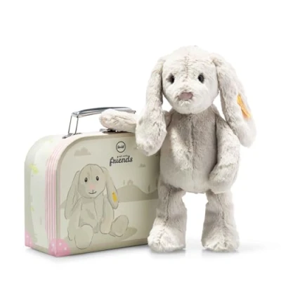 Bild av Steiff gosedjur, Hoppie hare i resväska, sött mjukisdjur med plastögon, barn, pojkar och flickor, mjuka gosiga vänner, plyschdjur, 26 cm, ljusgrå, 080968