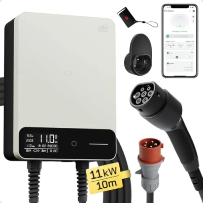 Bild av dé Elbil Laddare 11kW [6 16A, 3 fas] EV med 10m Typ 2 kabel, RFID, RCD B skydd och IP54, Wallbox Kompatibel Model Y/3, ID.3/4/5, MG4, EX30, andra BEV/PHEV, vit