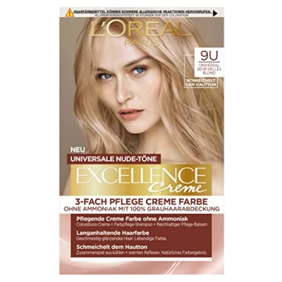 Bild av L&#039;Oréal Paris permanent hårfärg för varje hudton, färgning utan ammoniak, universella nude toner med komplett grått hårskydd, Excellence Creme, nr 9U mycket ljus blond (blond), 1 styck