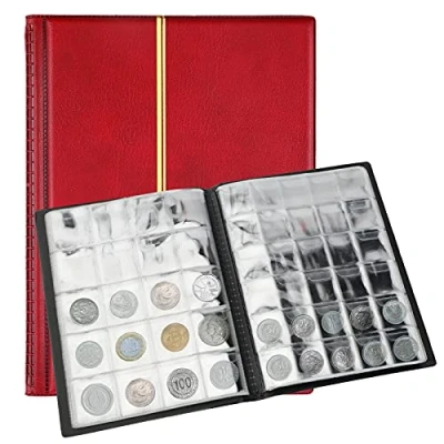 Bild av SAVITA 250 Fickor Myntalbum 10 Sidor Samling av Lädermynt Penny Collecting Book för Myntsamlare (Röd)