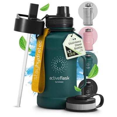 Bild av Dricksflaska Rostfritt Stål ACTIVE FLASK + Sugrör (3 Lock) Stor 1,3/2,2 Liter Sportflaska BPA Fri Läckagesäker Kolsyrad, 2l XL Vattenflaska Sport Utomhus Kondition